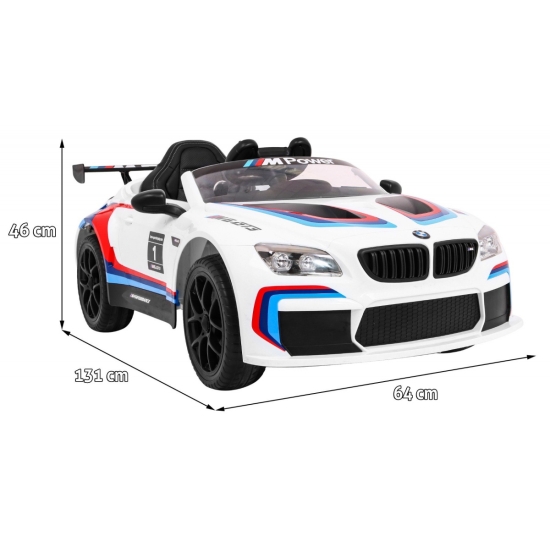 BMW M6 GT3 Auto na akumulator dla dzieci Biały + Nawiew powietrza + Dźwięki MP3 Światła + Pilot