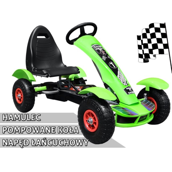 Gokart na pedały Racing XL dla dzieci 3+ Zielony + Pompowane koła + Regulacja fotela + Wolny bieg