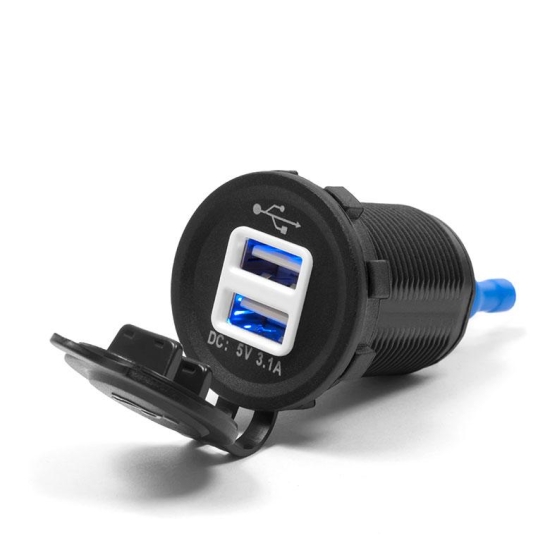 BIKETEC MOTOCYKLOWE PODWÓJNE GNIAZDO USB Z PODŚWIETLENIEM MONTAŻ NA POWIERZCHNIE PŁASKĄ (OWIEWKA, KUFER) LUB NA KIEROWNICE - POTRZEBNY ADAPTER BTMUS28