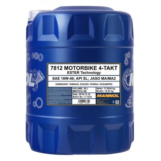 MANNOL OLEJ SILNIKOWY 4T MOTORBIKE 10W40 20L ESTER + MA2 SYNTETYK (7812) (API SN) (48)