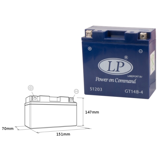 LANDPORT AKUMULATOR ŻELOWY GT14B-4 (MG LT14B-4) 12V 12AH 150X69X145 BEZOBSŁUGOWY - ZALANY (6) (190A)
