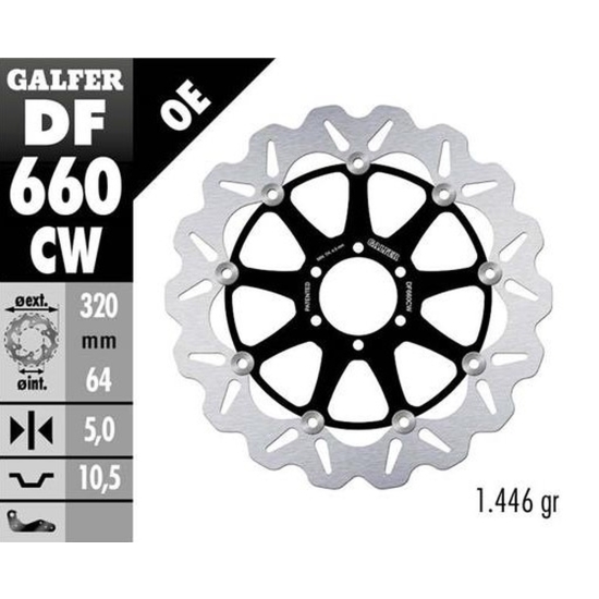 GALFER TARCZA HAMULCOWA PRZÓD APRILIA; BENELLI; BIMOTA; CAGIVA; DUCATI; KTM, MOTO GUZZI; YAMAHA (320X64X5) (WAVE FLOATING)