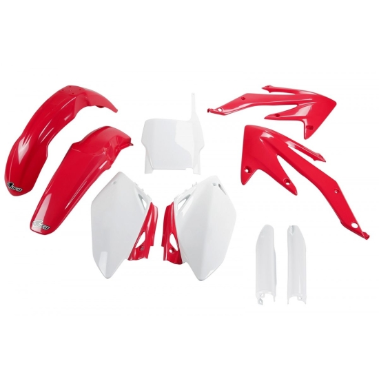 UFO KOMPLET PLASTIKÓW (FULL KIT) Z OSŁONAMI TELESKOPÓW (AMORTYZATORÓW) HONDA CRF 450 R '05-'06 KOLOR OEM (CZERWONY/BIAŁY) (HO108E999)