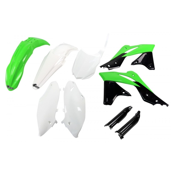 UFO KOMPLET PLASTIKÓW (FULL KIT) Z OSŁONAMI TELESKOPÓW (AMORTYZATORÓW) KAWASAKI KXF 250 '13-'16 KOLOR OEM '14-'15 (ZIELONY/BIAŁY/CZARNY) (KA221E999)