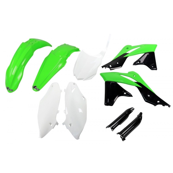 UFO KOMPLET PLASTIKÓW (FULL KIT) Z OSŁONAMI TELESKOPÓW (AMORTYZATORÓW) KAWASAKI KXF 250 '13-'16 KOLOR OEM'16 (ZIELONY/BIAŁY/CZARNY)(KA221E999A)