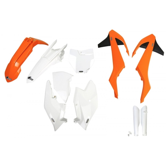 UFO KOMPLET PLASTIKÓW (FULL KIT) Z OSŁONAMI TELESKOPÓW (AMORTYZATORÓW) KTM SX/SXF '16-'18 (Z WYJĄTKIEM SX 250 '16), KOLOR OEM '16 (POMARAŃCZOWY/BIAŁY)