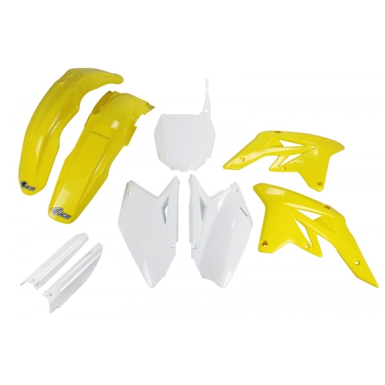 UFO KOMPLET PLASTIKÓW (FULL KIT) Z OSŁONAMI TELESKOPÓW (AMORTYZATORÓW) SUZUKI RMZ 250 '07-'09 KOLOR OEM (BIAŁY/ŻÓŁTY - Z BIAŁĄ TABLICĄ POD NUMERY STAR
