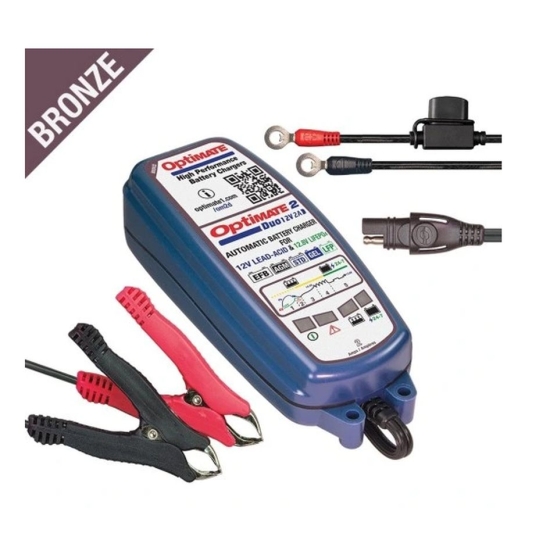 OPTIMATE 2024/08 ŁADOWARKA AKUMULATORÓW OPTIMATE 2 DUO 12V 2A 6-96AH AGM / GEL / STD 6-96AH, LITHIUM (LIFEPO4) 12.8V / 13.2V 2A 2-24AH, SAE ( NA 2 AKU