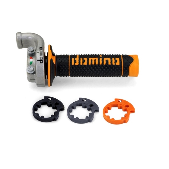 DOMINO ROLGAZ KOMPLETNY Z MANETKAMI OFF ROAD KTM/HUSQVARNA/GASGAS 4T (SREBRNA OBUDOWA) KOLOR CZARNY/POMARAŃCZOWY