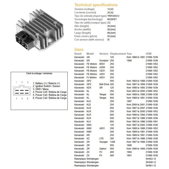 DZE REGULATOR NAPIĘCIA KAWASAKI KDX 125 '90-'93; KLE 250; KL 500/650 '89-'91; KMX 125/200 '87-'02; KLX 650 '93-'96 (ESR246) (2065-01)