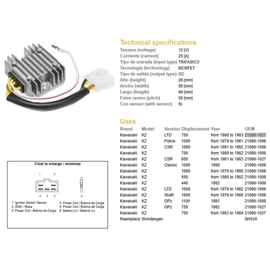 DZE REGULATOR NAPIĘCIA KAWASAKI KZ550/650/750/1000 (ESR370,SH530-12K,21066-1008,RGU-406)