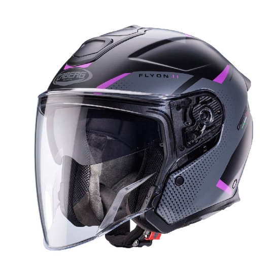 CABERG KASK OTWARTY JET OTWARTY FLYON II BOSS KOLOR CZARNY MAT/SZARY/FUKSJA (INTENSYWNY ODCIEŃ RÓŻOWEGO) ROZMIAR XS